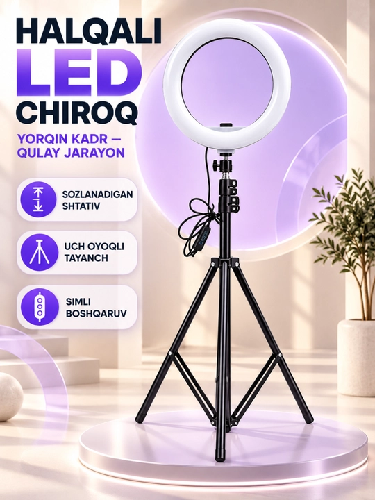Shtativli LED halqa selfi-lampa, foto va video suratga olish uchun