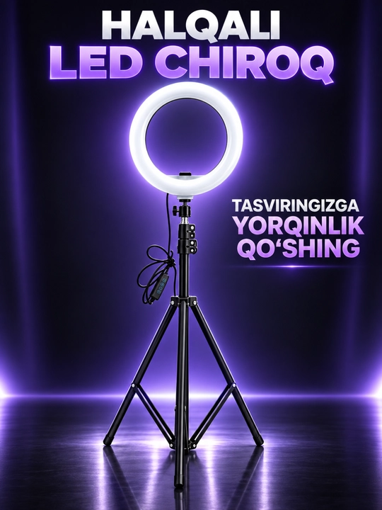 Shtativli LED halqa selfi-lampa, foto va video suratga olish uchun