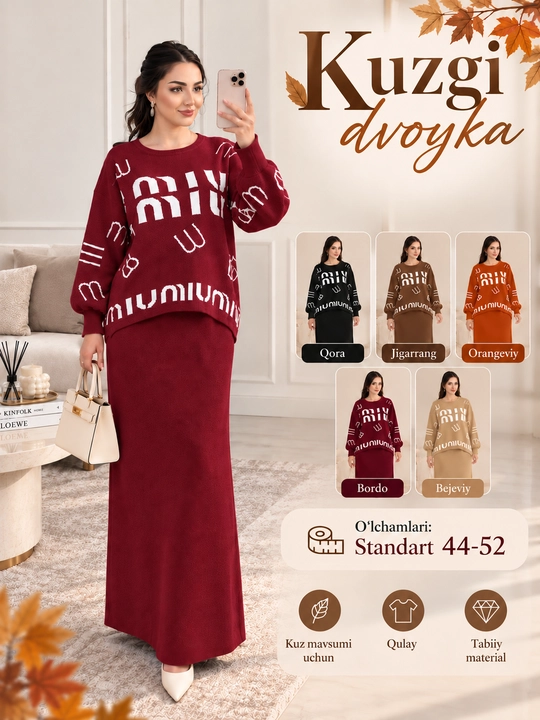 Ayollar uchun trikotaj dvoyka — sviter va uzun ko'ylak, kuzgi kostyum, standart 44–52
