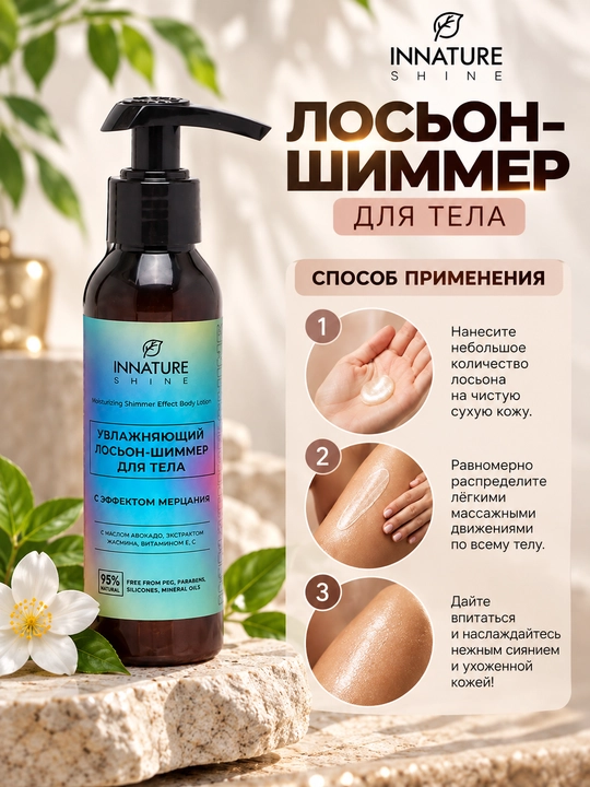 INNATURE SHINE tana uchun shimmer losyoni, miltillash effektiga ega, namlantiruvchi, 100 ml, OrganicZone