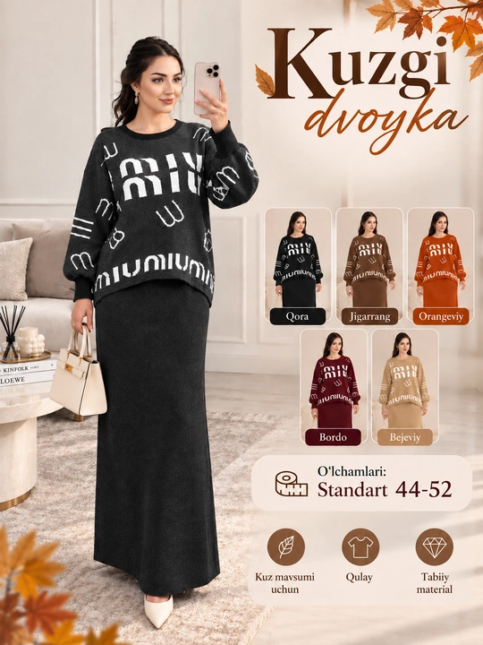 Ayollar uchun trikotaj dvoyka — sviter va uzun ko'ylak, kuzgi kostyum, standart 44–52