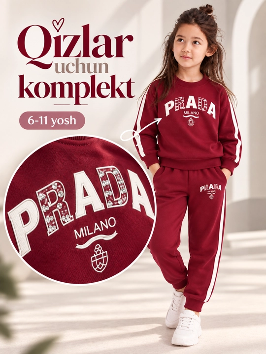 Qizlar uchun PRADA sport komplekt, ikki qismli kiyim, kofta va shim, 6–11 yosh
