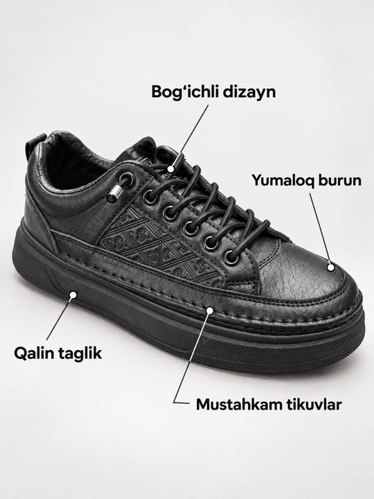 Erkaklar uchun qora bog‘ichli krossovka, qalin taglikli