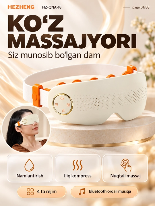 Ko‘z massajyori: bug‘, isitish, vibromassaj, Bluetooth, 4 rejim, akkumulyator