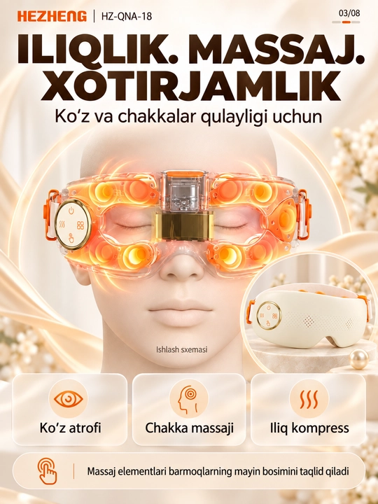 Ko‘z massajyori: bug‘, isitish, vibromassaj, Bluetooth, 4 rejim, akkumulyator