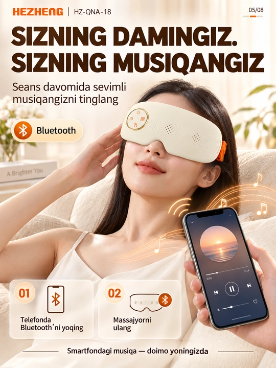 Ko‘z massajyori: bug‘, isitish, vibromassaj, Bluetooth, 4 rejim, akkumulyator