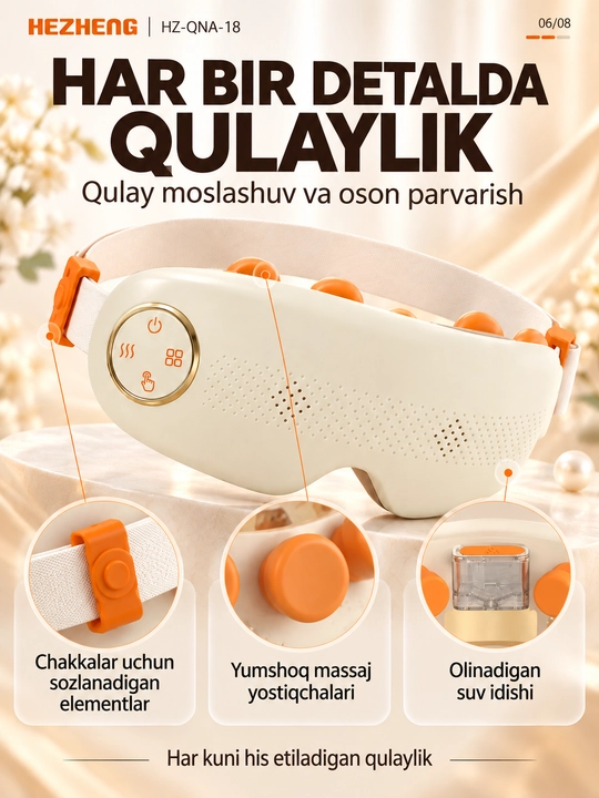 Ko‘z massajyori: bug‘, isitish, vibromassaj, Bluetooth, 4 rejim, akkumulyator