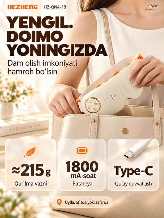 Ko‘z massajyori: bug‘, isitish, vibromassaj, Bluetooth, 4 rejim, akkumulyator