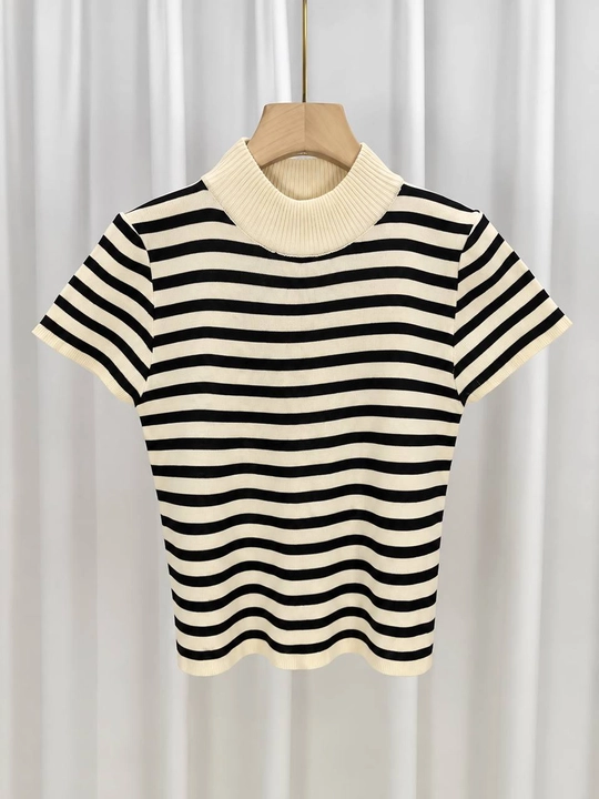 Ayollar uchun trikotaj polo jemfer, kalta yengli, chiziqli, oversayz, Free Size