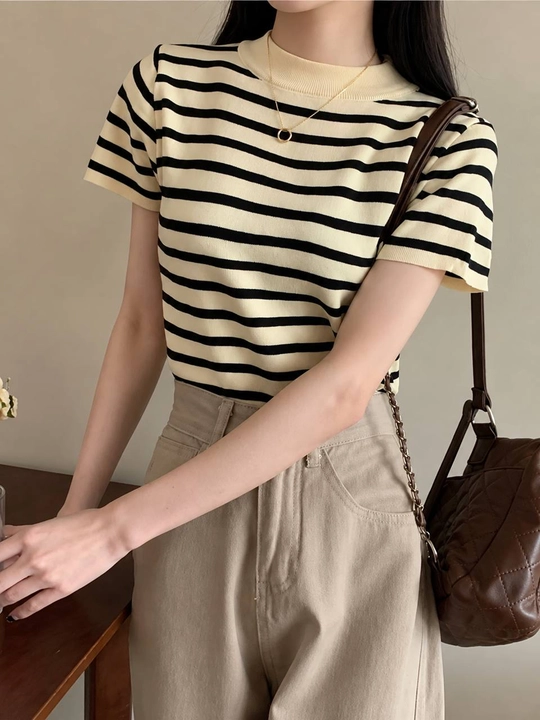Ayollar uchun trikotaj polo jemfer, kalta yengli, chiziqli, oversayz, Free Size