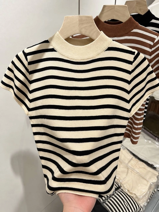 Ayollar uchun trikotaj polo jemfer, kalta yengli, chiziqli, oversayz, Free Size