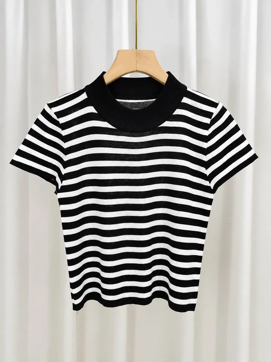 Ayollar uchun trikotaj polo jemfer, kalta yengli, chiziqli, oversayz, Free Size