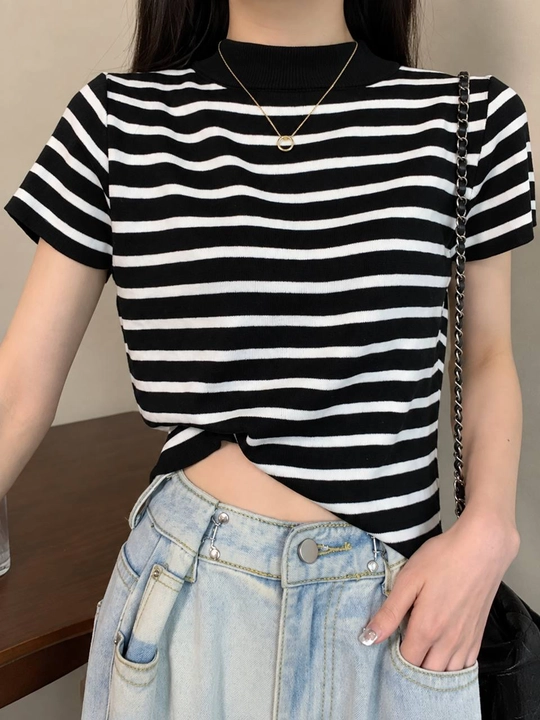 Ayollar uchun trikotaj polo jemfer, kalta yengli, chiziqli, oversayz, Free Size