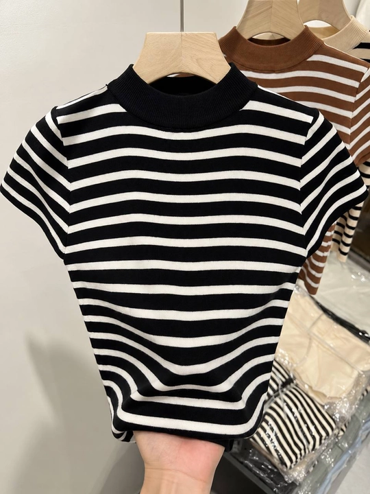 Ayollar uchun trikotaj polo jemfer, kalta yengli, chiziqli, oversayz, Free Size