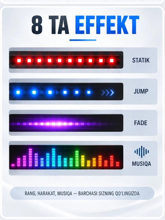 Ichki yoritish, RGB 8 ta rang, 8 ta effekt, pult, musiqa, universal