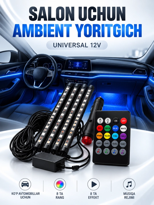 Ichki yoritish, RGB 8 ta rang, 8 ta effekt, pult, musiqa, universal - 