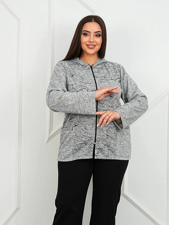 Angora matoli ayollar jaketi kapyushonli, zamokli va cho‘ntakli, to‘q ko‘k, 50–60 kundalik