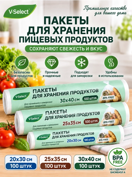 Пакеты для хранения пищевых продуктов в рулоне, 100 шт - 