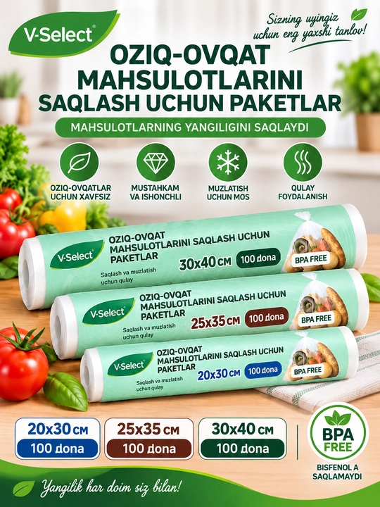 Пакеты для хранения пищевых продуктов в рулоне, 100 шт