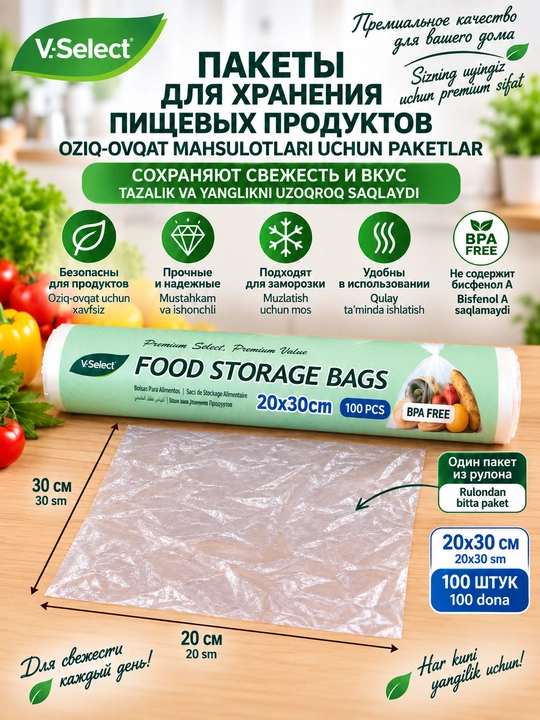 Пакеты для хранения пищевых продуктов в рулоне, 100 шт