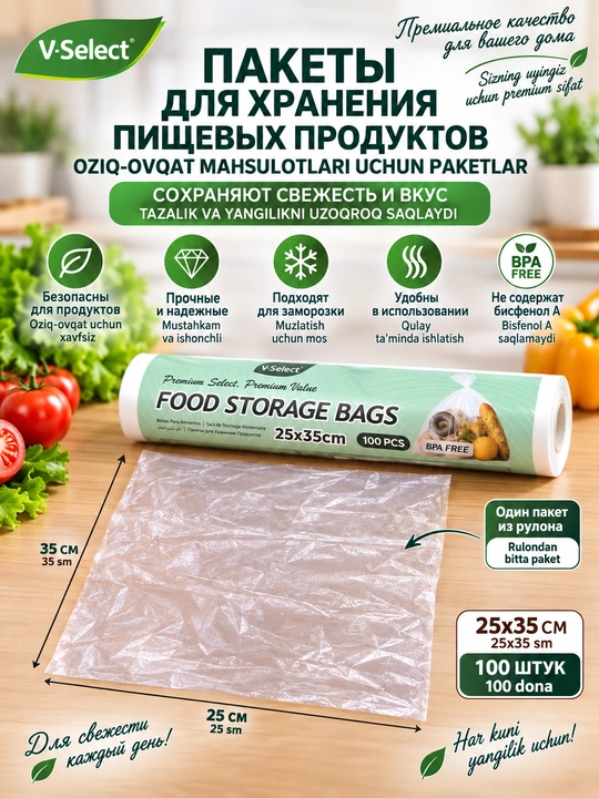 Пакеты для хранения пищевых продуктов в рулоне, 100 шт