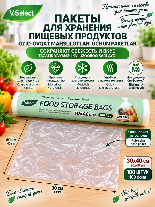 Пакеты для хранения пищевых продуктов в рулоне, 100 шт