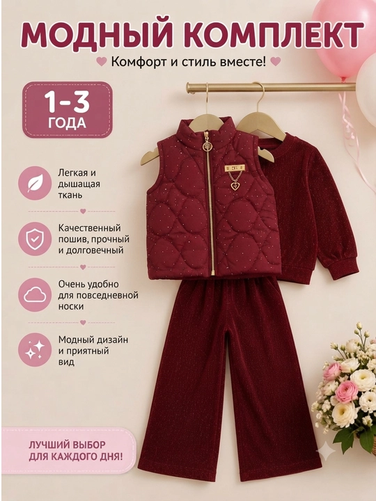 Красивый комплект одежды для девочки 1-3 лет – куртка, блузка и брюки