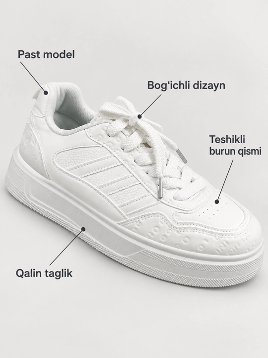 Oq krossovka ayollar va erkaklar uchun, qalin taglikli, bog‘ichli
