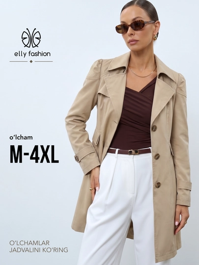 Ayollar uchun o‘rta uzunlikdagi trench plash, M–4XL — ELLY FASHION - 