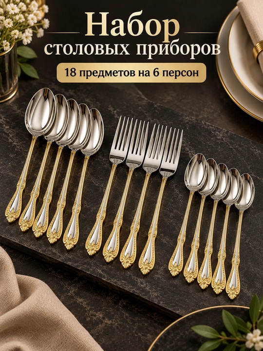 Набор столовых приборов 18 предметов на 6 персон, ложки и вилки