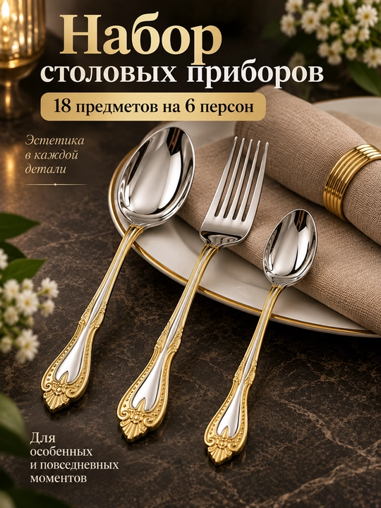 Набор столовых приборов 18 предметов на 6 персон, ложки и вилки