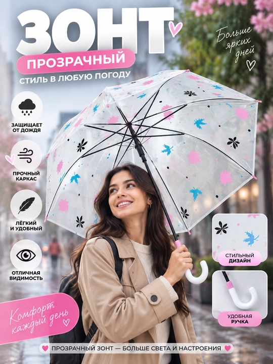 Прозрачный зонт-трость с цветным принтом, прочный каркас, удобная ручка - 