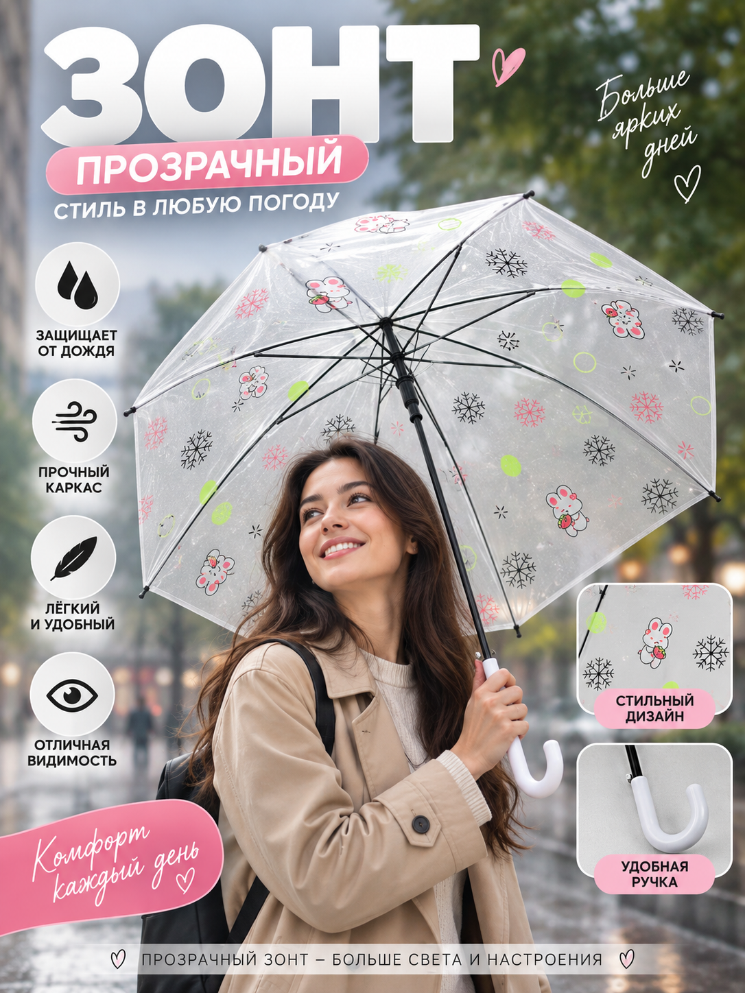 Прозрачный зонт-трость с цветным принтом, прочный каркас, удобная ручка - 