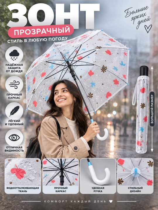 Прозрачный зонт-трость с цветным принтом, прочный каркас, удобная ручка - 