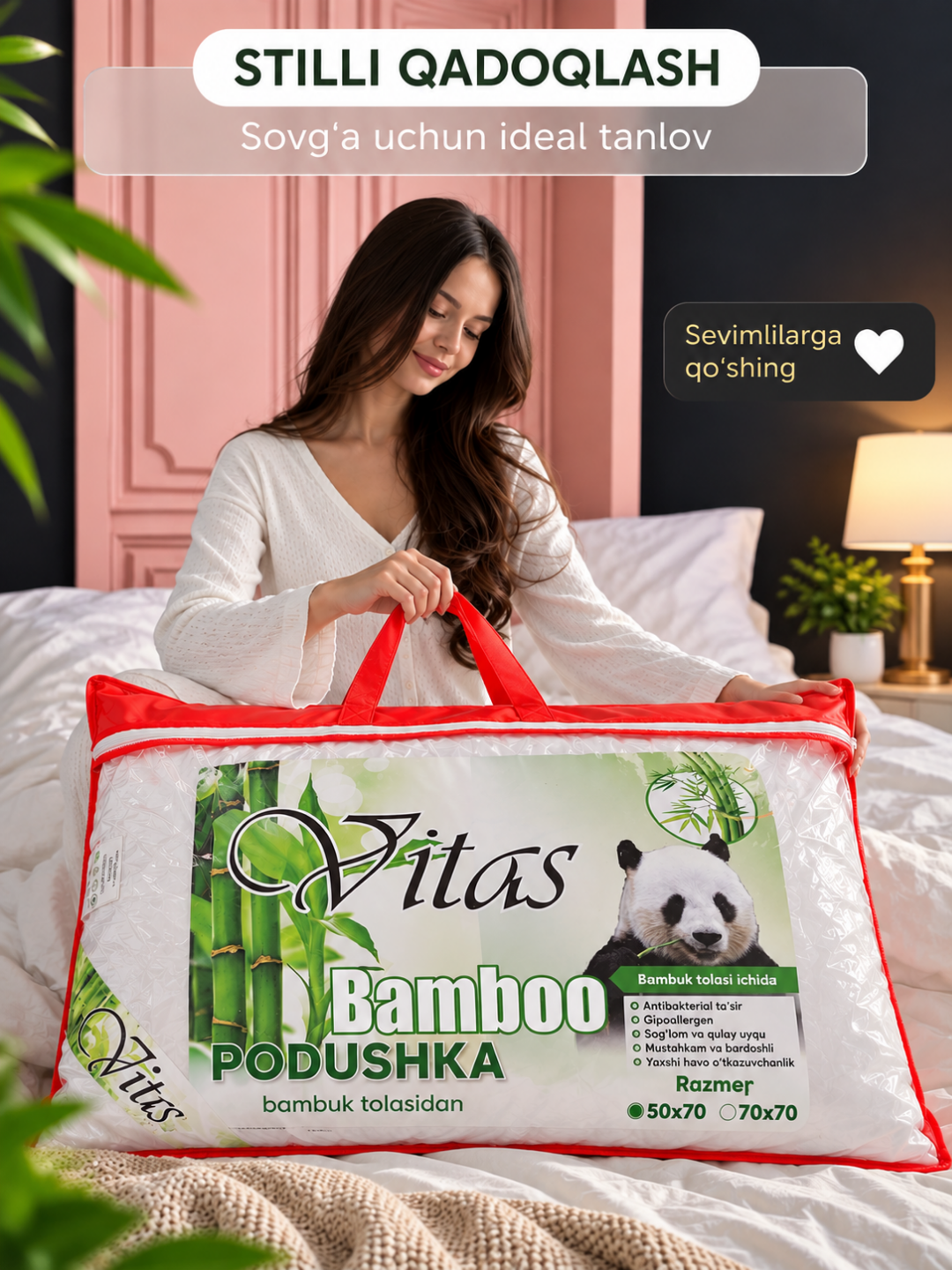 Bambuk tolali yotoq yostig‘i, yengil, 1 juft (2 dona), o‘lchami 50×70 sm, yumshoq