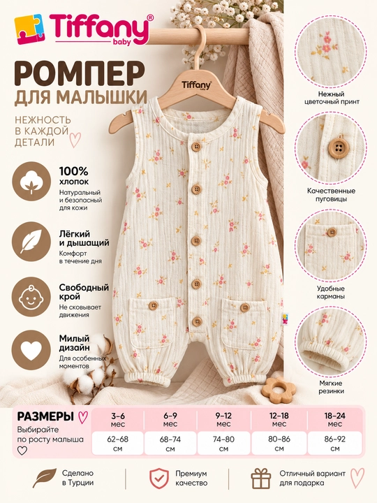 Муслиновый комбинезон Tiffany Baby с мелким цветочным принтом, молочный - 
