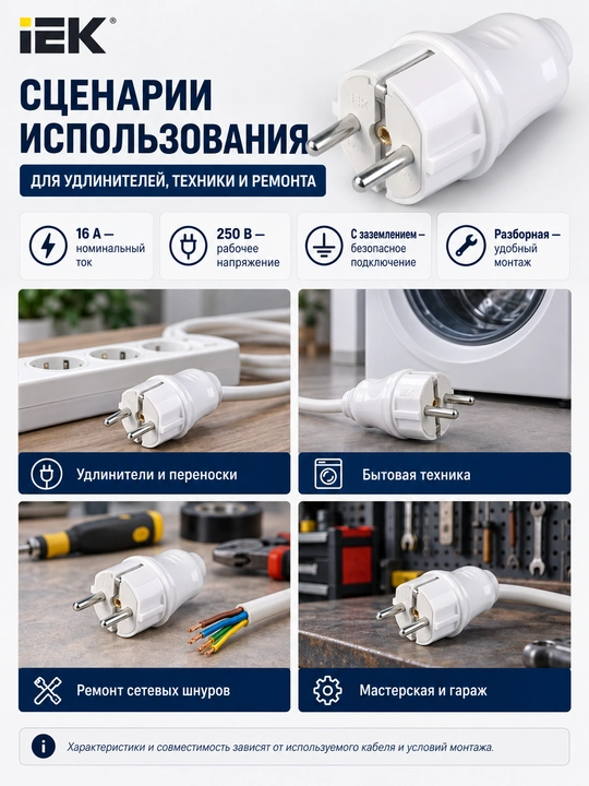 16A oq rangli yerga ulangan yig‘ma to‘g‘ri IEK vilkasi, ВПу12-01-СТ