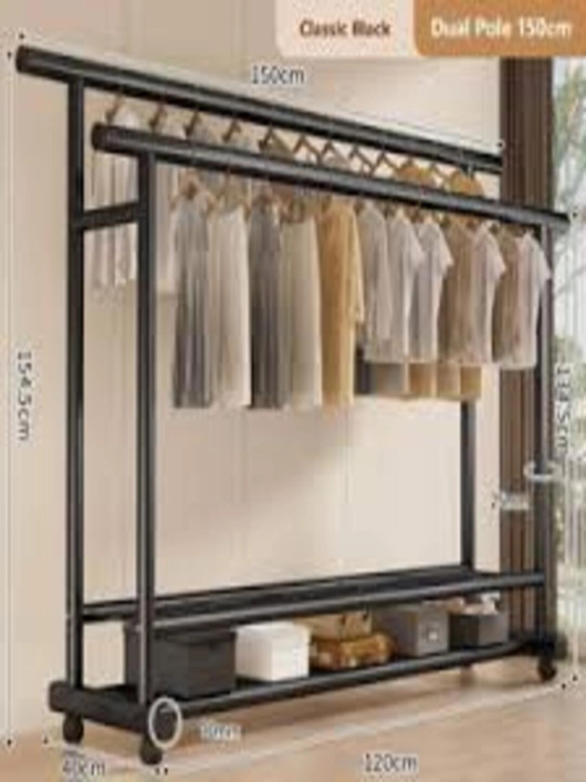 Напольная металлическая вешалка для одежды с полкой для обуви и колёсиками - 