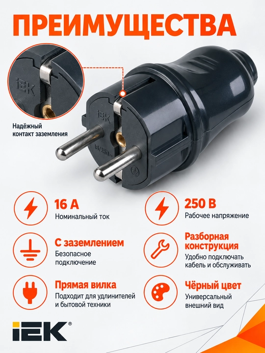 16A qora IEK yerga ulangan yig‘ma to‘g‘ri vilka, ВПу11-01-СТ
