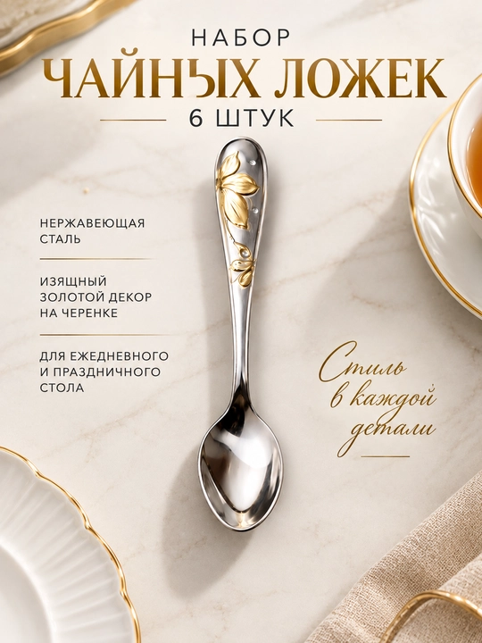 Choy qoshiqlari to‘plami 6 dona, zanglamaydigan po‘lat, oltin bezak - 