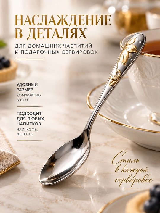Choy qoshiqlari to‘plami 6 dona, zanglamaydigan po‘lat, oltin bezak