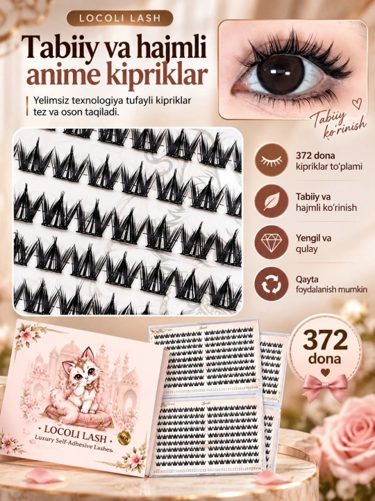 Oʻzi yopishuvchi ulama anime kipriklari, yelim talab qilinmaydi