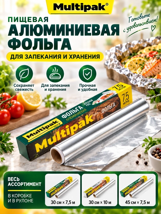 Пищевая фольга алюминиевая пищевая Multipak для запекания и хранения продуктов - 