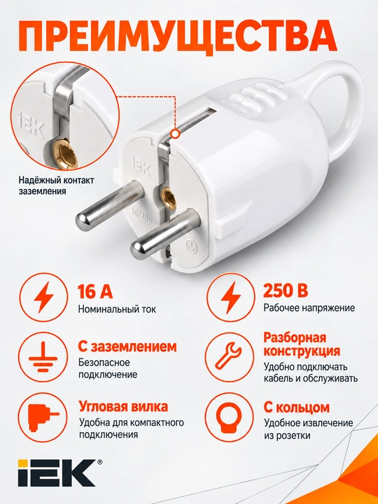 Вилка разборная угловая с заземлением 16А с кольцом, белый, ВПп10-01-СТ