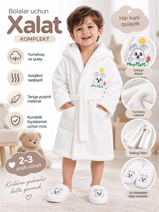 2–3 yosh bolalar uchun yumshoq momiq xalat va shippak komplekt