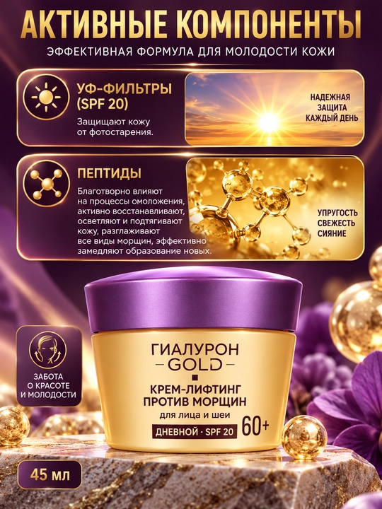 Крем-лифтинг для лица и шеи ГИАЛУРОН GOLD 60+ SPF 20 дневной, против морщин, 45 мл, Витэкс