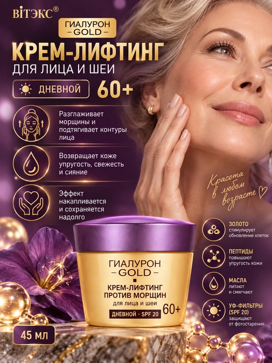 Крем-лифтинг для лица и шеи ГИАЛУРОН GOLD 60+ SPF 20 дневной, против морщин, 45 мл, Витэкс - 