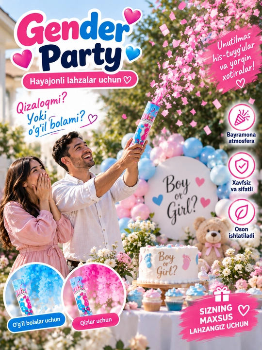 Gender Reveal xlopushka konfetti Boy or Girl gender party o‘g‘ilmi qizmi - 