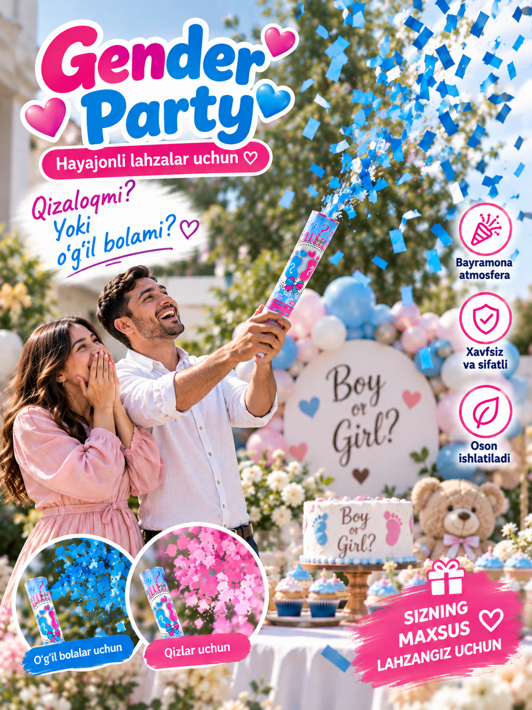 Gender Reveal xlopushka konfetti Boy or Girl gender party o‘g‘ilmi qizmi - 