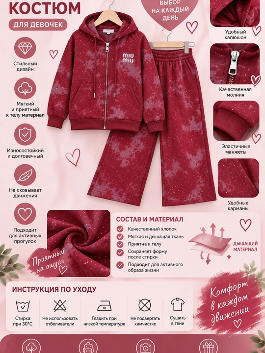 Qiz bolalar uchun komplekt, troyka qalpoqli, qizlar uchun bolalar sport kostyumi